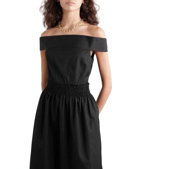 Three Graces London Black Off Shoulder Midi Dress Smocked 100% Cotton Pockets - Picture 1 of 10